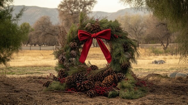 A natural wreath grapevine and pinecones adorned with a large red bow for Christmas