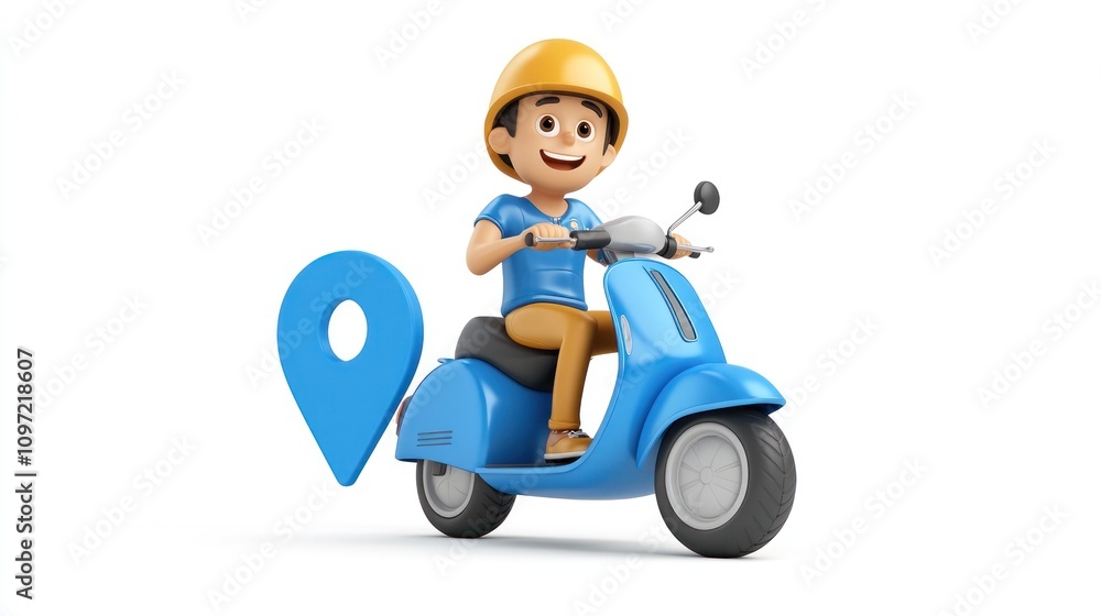 Poster a cheerful character riding a blue scooter with a location pin, symbolizing delivery services.