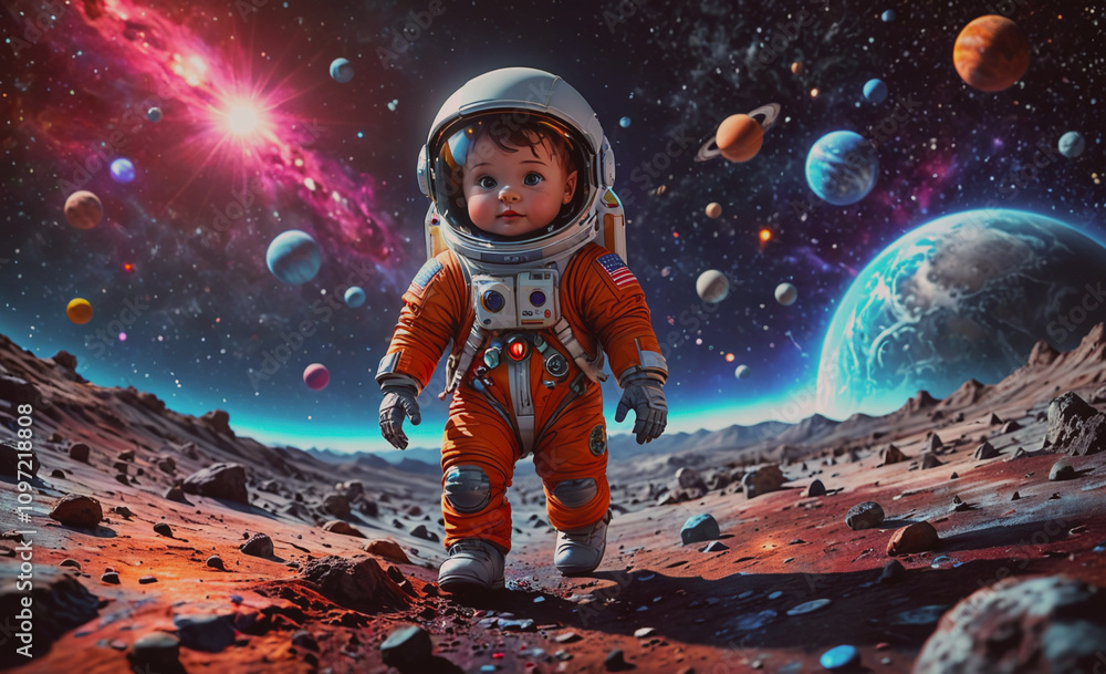 Aufkleber A small child in an astronaut suit is walking on a rocky surface in space. The image is a colorful and imaginative depiction of a child exploring the universe