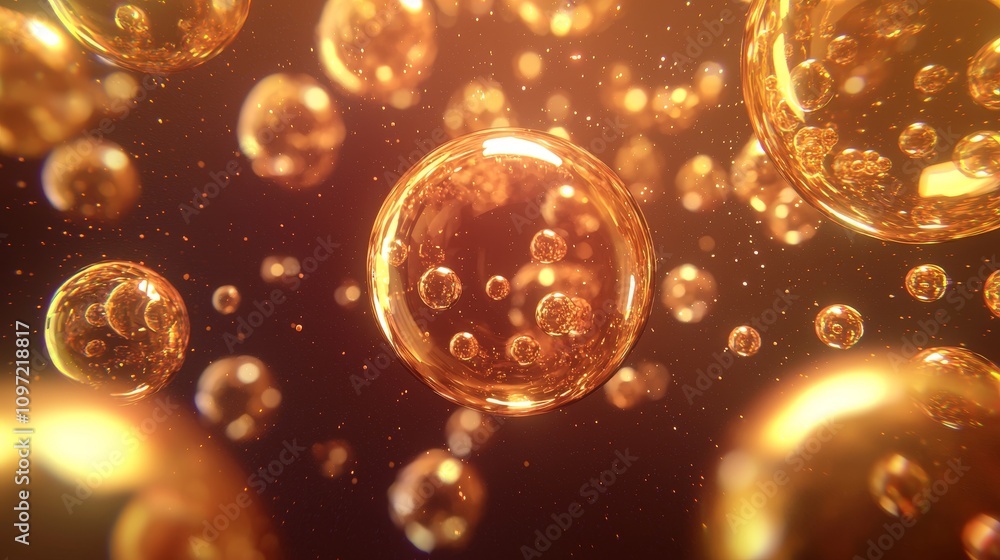 Poster dynamic golden bubbles floating abstract visuals digital art dark background close-up conceptual ima