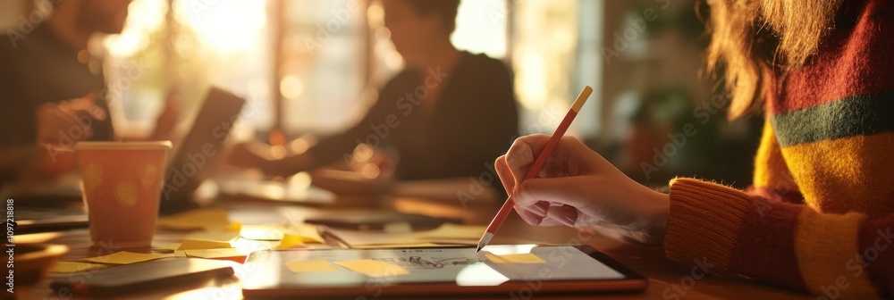Poster A person sketches on a tablet surrounded by sticky notes and colleagues in a warm setting.