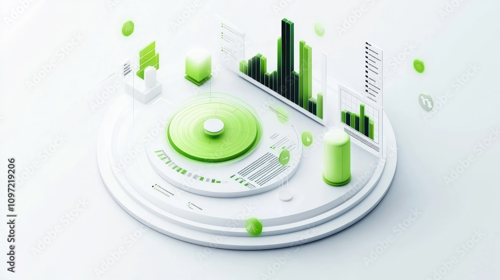 Poster Abstract data visualization with green elements and graphs.