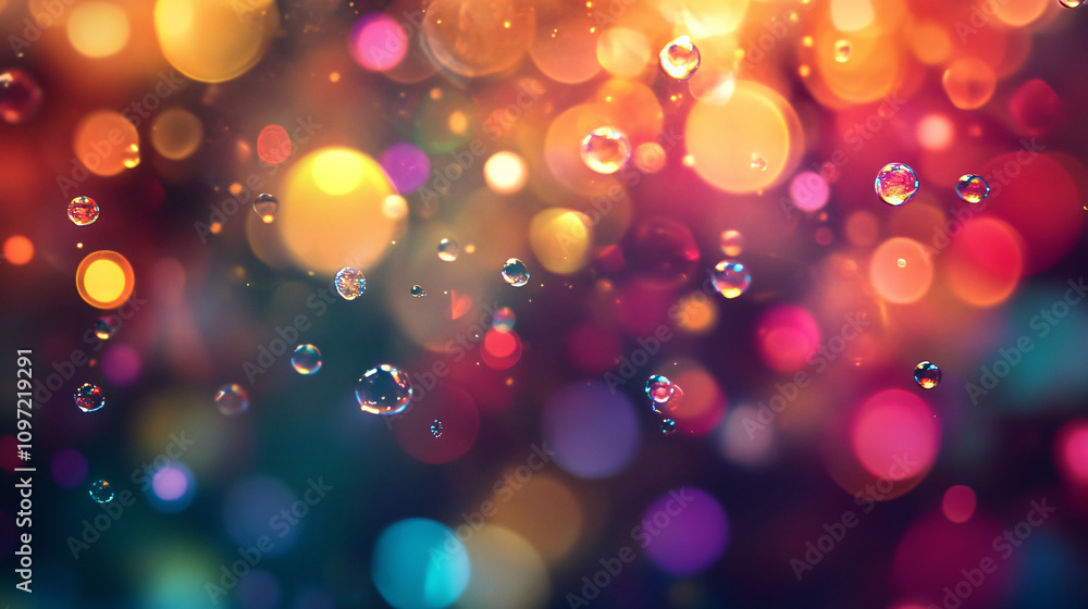 Poster Vibrant and festive abstract background with colorful bokeh lights and cascading water droplets