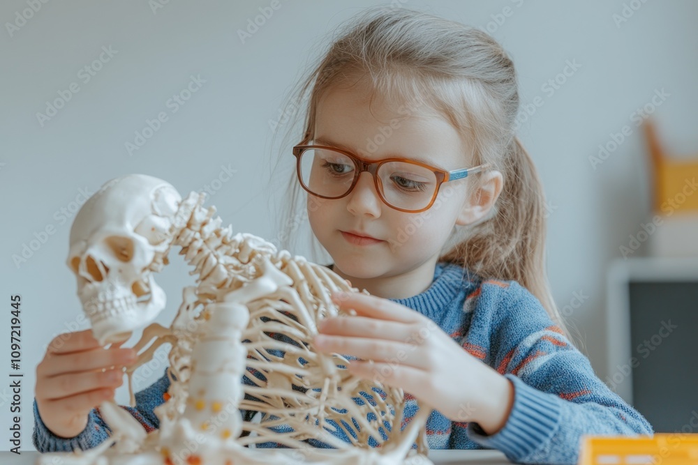 Aufkleber A child examines a skeleton model, exploring anatomy and science in a learning environment.