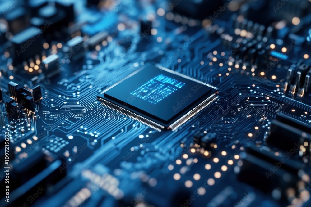 Poster close-up view of a microchip on a circuit board with intricate electronic components