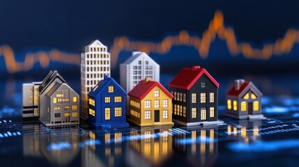 Real Estate Market Analysis: Abstract Buildings Overlaid with Financial Data Graphs on Blue Background