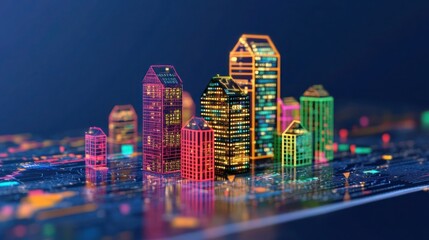 Real Estate Market Analysis: Abstract Buildings Overlaid with Financial Data Graphs on Blue Background