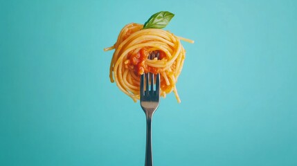 Close up of spaghetti pasta with tomato sauce and basil on a fork isolated on blue background