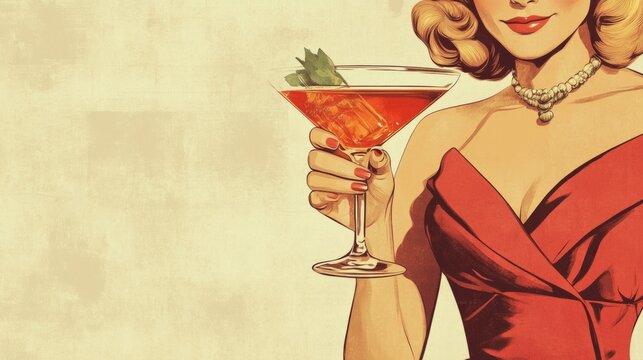 A vintage style illustration of a woman holding a cocktail