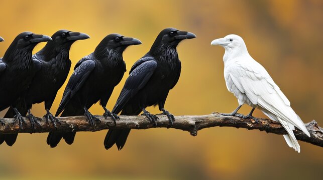 A striking contrast of a white raven among dark crows on a branch, set against a warm autumn background.