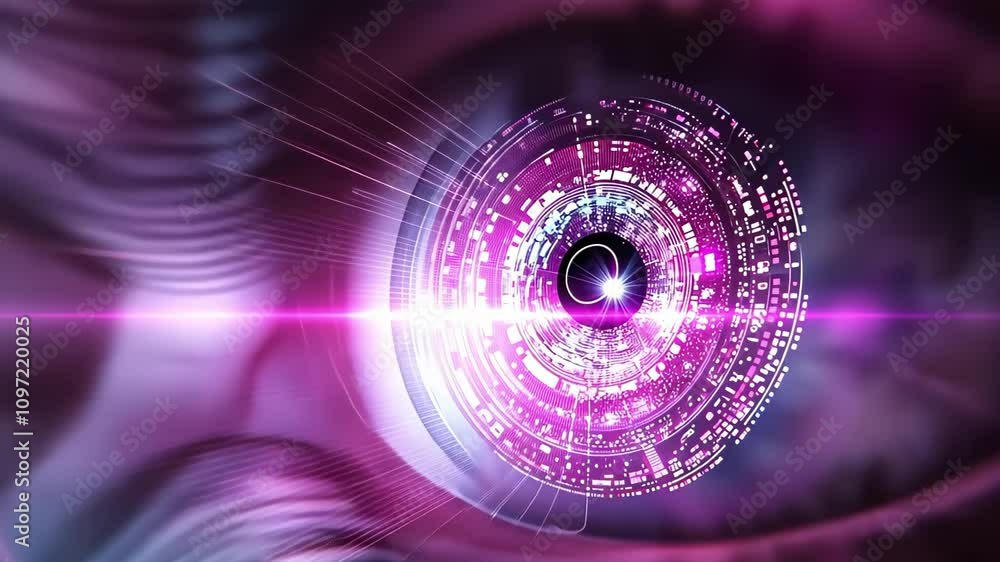 Poster a close-up of an eye with a digital, futuristic design featuring vibrant colors and abstract pattern