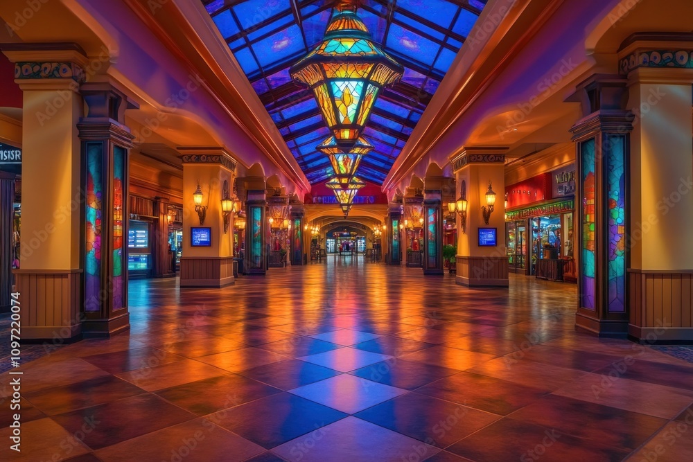 Poster a vibrant, illuminated corridor with colorful lanterns and intricate designs.