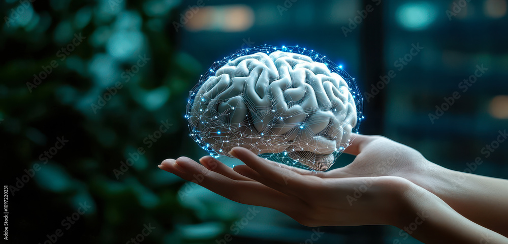 Poster artificial intelligence brain in hand symbolizing machine learning and technological development