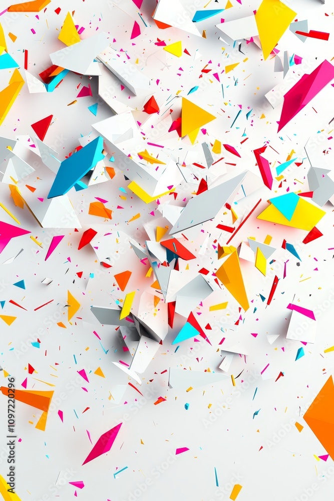 Poster dynamic colorful fragments abstract art digital creation studio environment aerial view vibrant desi