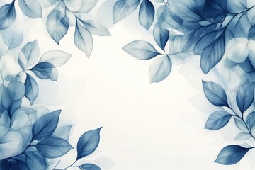 Soft blue leaves frame a light background, creating a serene design.