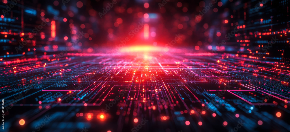 Poster futuristic digital interface with holographic security alerts and data streams
