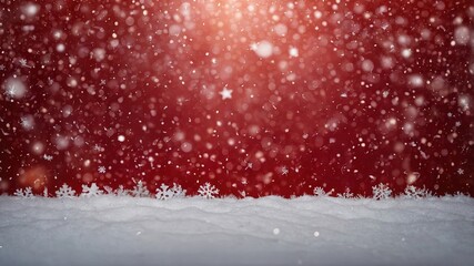 Postal Navideña con Copos de nieve sobre nieve y fondo rojo con luces efecto Bokeh. Tarjeta Navideña