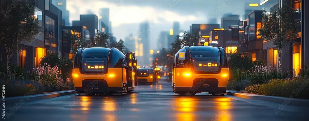 Poster autonomous delivery robots navigating smart city streets with evening skyline in background