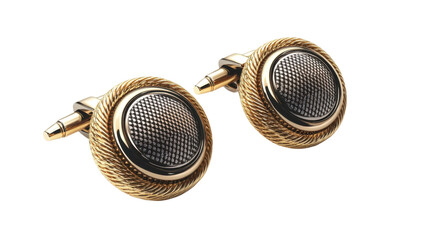 Cufflinks isolated. Isolated silver cufflinks on white background, luxury fashion, stylish decoration, elegant men&rsquo;s jewelry, classic formal accessory.