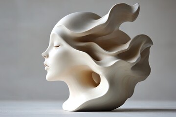 Abstract female head sculpture, flowing hair, serene expression, beige, smooth surface, modern art.