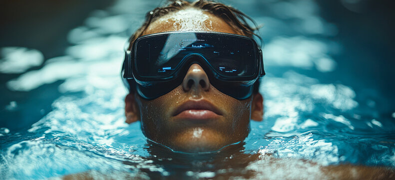Athlete in Water Wearing High-Tech Goggles for Real-Time Performance Analysis and Endurance Tracking - Powered by Adobe