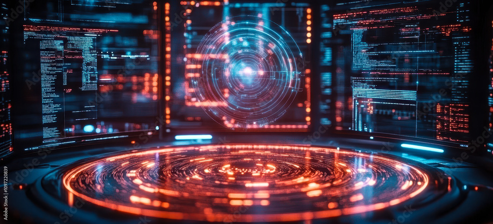 Poster futuristic holographic security interface with digital displays and alerts in cyber environment