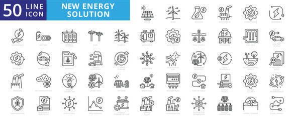 New energy solution icon set with solar, energy, wind, biomass, geothermal, hydropower, renewable, sustainable, efficiency, wave, eolic, battery, storage, grid, turbine, hydrogen, and generator