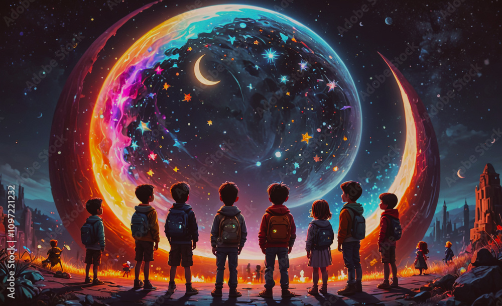 Poster a group of children are standing in front of a large, colorful, glowing orb. the children are wearin