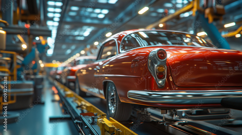 Poster assembly of a classic red car in a large automated car factory, capturing the final stages of produc