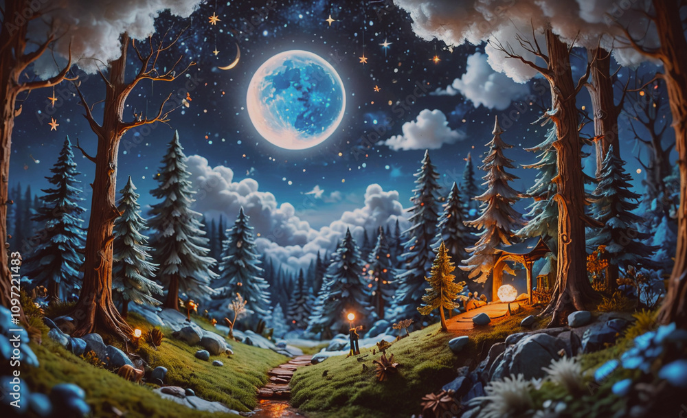 Poster a beautiful night sky with a large blue moon and stars. the moon is in the center of the sky and is 