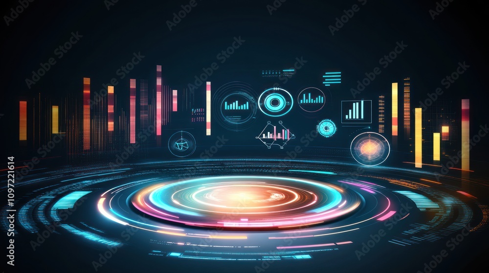 Poster Futuristic Data Visualization Interface Displaying Charts and Graphs