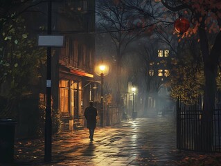 Lone figure in quiet autumn street illuminated by warm streetlights in the night, solitude and reflection mood. Sadness, depression, blues, separation, surviving loss and grief. Melancholy.
