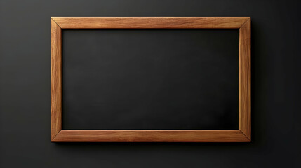 Blank dark brown wooden framed chalkboard on black background.