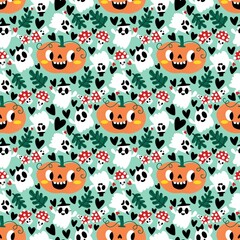 Fototapeta premium Halloween cute pumpkins seamless ghost pattern for wrapping paper and fabric