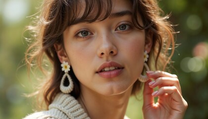 Fresh-faced woman with floral earrings and natural makeup in a sunny outdoor setting, knitted jewellery.