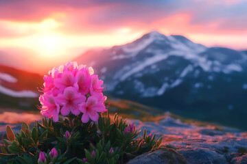 Rhododendron on mountain slope on sunset background, copy space