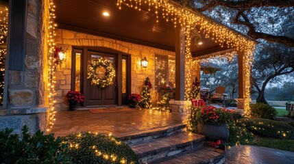 A front porch wrapped in sparkling lights, showcasing a festive holiday display