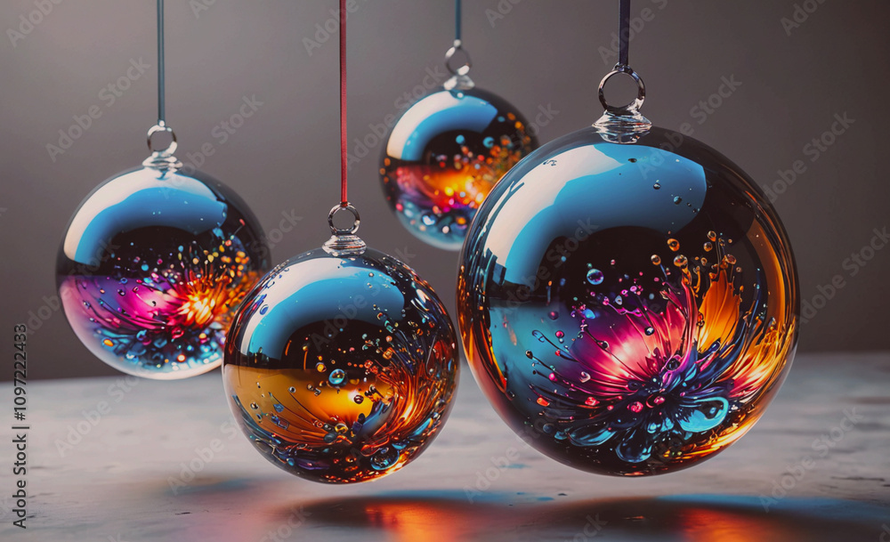 Poster a group of colorful glass ornaments hanging from a string. the colors are bright and vibrant, creati