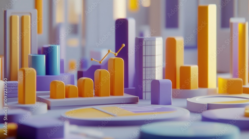 Poster A colorful 3D representation of data analytics and business metrics.