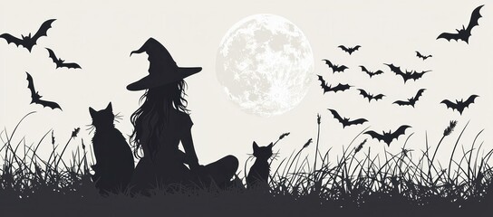 Fototapeta premium Silhouette of a witch with cats sitting on grass, surrounded by flying bats and a full moon in the background. Halloween and mystical concept.
