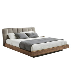 Modern Walnut Platform Bed  Upholstered Headboard  Bedroom Furniture  Gray Bedding  Luxury