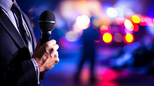 A man in a suit holds a microphone, ready to speak at a vibrant event illuminated by multicolored lights.