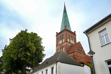 St Mary Church in Bergen on Rugen, tower in typical north German brick architecture with...