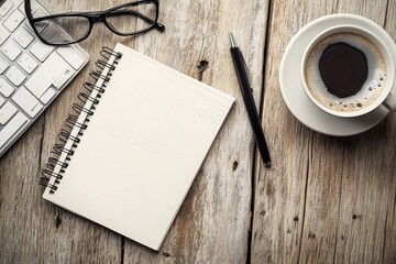 keyboard; spiral notepad; coffee cup; eyeglasses and pen on wooden desk 