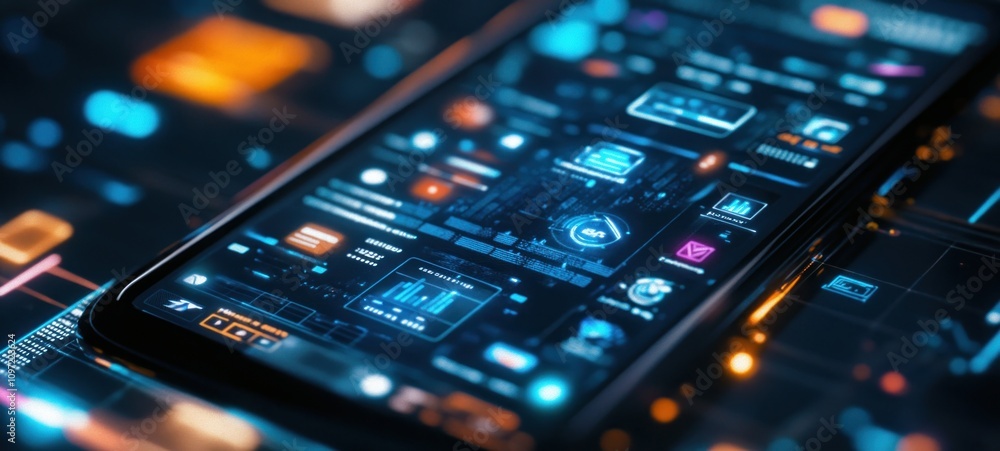 Poster futuristic smartphone interface: a digital dashboard displaying data, icons, and charts