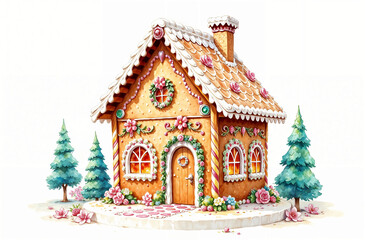 Decorative gingerbread house surrounded by trees and flowers in a whimsical landscape