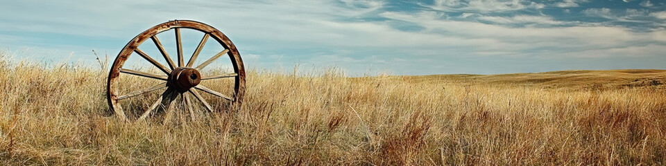 Obraz premium Pioneering Path: A simple wagon wheel resting in tall grass beside a faded trail marker.