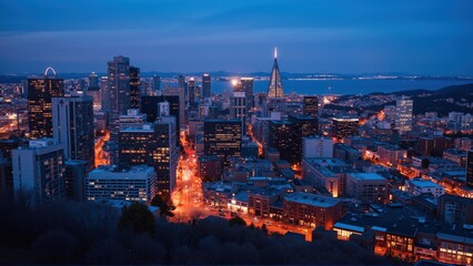 Fototapeta premium Generative AI, Dynamic Urban Skyline at Dusk