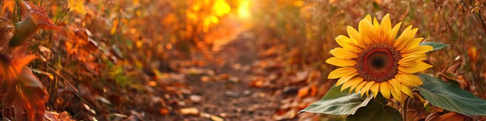 Fototapeta premium Golden Promise: A sunflower in bloom, bright against the earthy tones of the trail behind it.