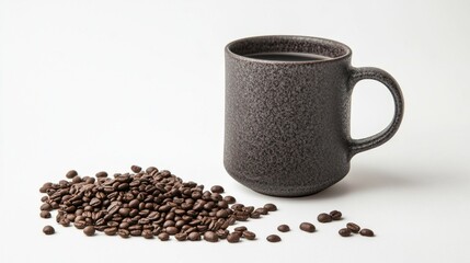 A mug of coffee is sitting on a table with a pile of coffee beans next to it. Concept of relaxation and comfort, as the coffee is a common beverage associated with winding down